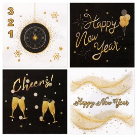 Ceiba Tree Happy New Year Paper Napkins 2026 Disposable Cocktail Beverage Gold and Black Napkins for New Year Eve Party Supplies Decorations Table Decor 48Pcs