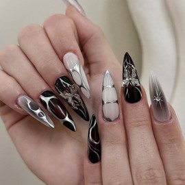 Ombre Black Press on Nails Long Almond False Nails with 5D Butterfly Charm Design White Curve Fake Nails Rhinestone Star Glue on Nails Glossy Summer Goth Stick on Nails for Women Girls Manicure 24Pcs