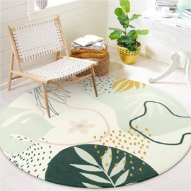 Lahome Boho Round Area Rug - 3Ft Washable Round Bathroom Rug Non-Slip Small Circle Rug for Bedroom Throw Soft Cute Kids Nursery Rug, Green Botanical Print Round Carpet for Entryway Sofa Living Room