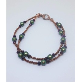 Beaded Necklace and 2 Strand Twisted Bracelet Set with Green Austrian crystal Pearls and Purple Crystals.