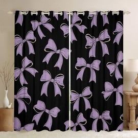 Feelyou Cute Ribbon Bow Curtains Purple Kawaii Bowknot Window Drapes Treatments for Kids Boys Girls Watercolor Bow Window Drapes Bowknot Grids Window Treatments, 42W X 84L,2 Panels,30%-50% Blackout