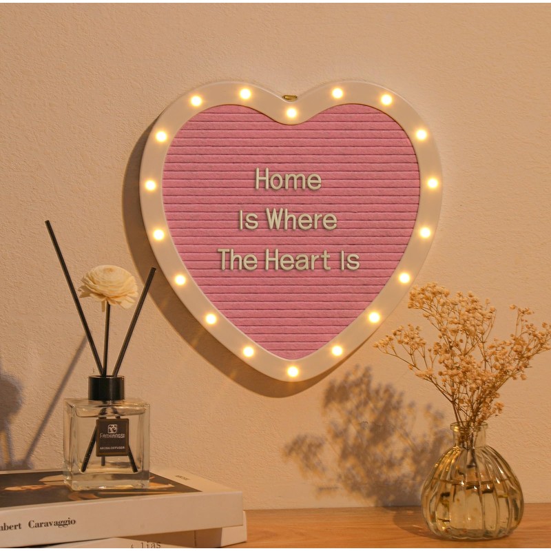 G GAMIT Heart-Shaped Felt Letter Board with Built-in LED Lights,10x10
