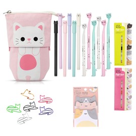 22 Pcs Cute Cat Stationery Set Beautiful Stationery 1 Canvas Cat Telescopic Pouch Bag 12 Gel Ink Rollerball Pens with 0.5 mm Refill 320 Notes Page Flags Index Tabs 5 Cat paper Clips 1 Sticky Note