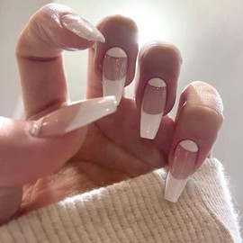 Handcess Coffin False Nails White French Fake Nail Glossy Long Press on Nails Ballerina Acrylic Stick on Nails 24pcs for Women and Girls