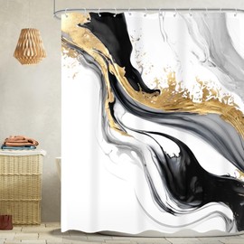 Omifly Black White Gold Marble Shower Curtain 60Wx72H Inch Abstract Modern Luxury Ink Texture Minimalist Gray Ombre Aesthetic Fluid with 12 Plastic Hooks Fabric Waterproof Toilet Accessories Decor