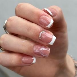 24Pcs White French Tip Press on Nails Short Square Fake Nails with Silver Glitter Rhinestones Design Cute False Nails Full Cover Artificial Glue on Nails Spring Summer Stick on Nails for Women DIY