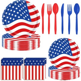 80 Pcs 4th of July Patriotic Tableware Set - Disposable American Flag Dinnerware with Glitter Paper Plates, Napkins, Forks for Independence Day, Memorial Day, Veterans Day BBQ - Serves 20
