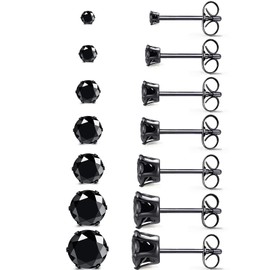 Square Round Diamond Stud Earrings Mix Match Set 7 Pairs Hypoallergenic Cubic Zirconia Diamond Titanium Stainless Steel Silver Rose Gold Black Square Round CZ Stud Earrings Jewelry Set for Women Men