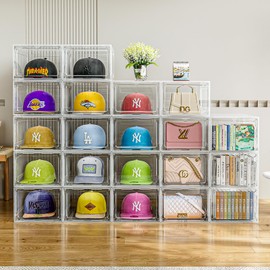 Hat Organizer Box for Baseball Caps, 8 Pack Clear Plastic Hat Storage Box, Hat Holder for Closet, Hat Display Case with Magnetic Door, Hat Rack, Snapback Organizer, Hat Case, Hold 8 Cap Each