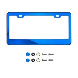 Blue Chrome Mirror License Plate Frame T304 Stainless Steel + Metal Screw Caps