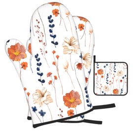Watercolor Orange Floral Oven Mitts and Pot Holders Set Heat Resistant Non Slip Set of 3 Navy Blue and Orange Flower Decorative Kitchen Gloves Hot Pads for Cooking BBQ Baking Grilling