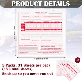 Gilprop 5 Pack Mid Size Driver Daily Log 8.5" x 8.25" Driver's Log Book Loose Leaf Format with Detailed Driver Vehicle Inspection Report Recap 2 Ply with Carbon for Drivers