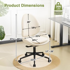 Furniliving Chenille Armless Desk Chair with Wheels, Upholstered Home Office Chair with Double-Layer Cushion, Adjustable Swivel Computer Vanity Chair with Rocking Back, White