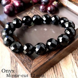 Men's Women's Onyx Bracelet, Black Agate, Natural Stone, Power Stone, 64 Sides Cut, 0.5 inches (12 mm), Glass Stone