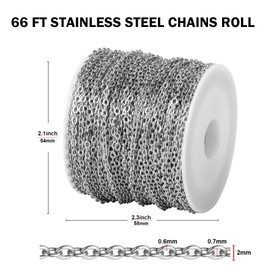 [66 FT] Stainless Steel Cable Chains Bulk for Jewelry Making, 2mm 304 Stainless Steel Flat Cable Link Chains Roll Spool for Jewelry Making DIY Craft
