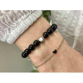 Majas Perlen Turmalin Armband echt mit Perlen 8mm und Herzperle aus Edelstahl - passend Größen 16 bis 19cm - Handmade Perlenarmband Schutz Kraft Stärke - Spiritueller Schmuck Damen