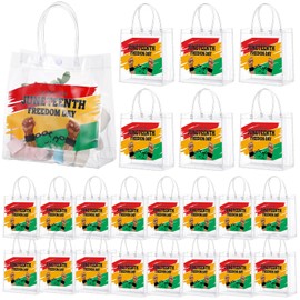 SilTriangle 20 Pieces Happy Juneteenth Party Favor Gift Bags with Handles 8x8x3.15 Inch African American Independence Day PVC Clear Juneteenth Favor Bags Bulk for African Afro Juneteenth Party