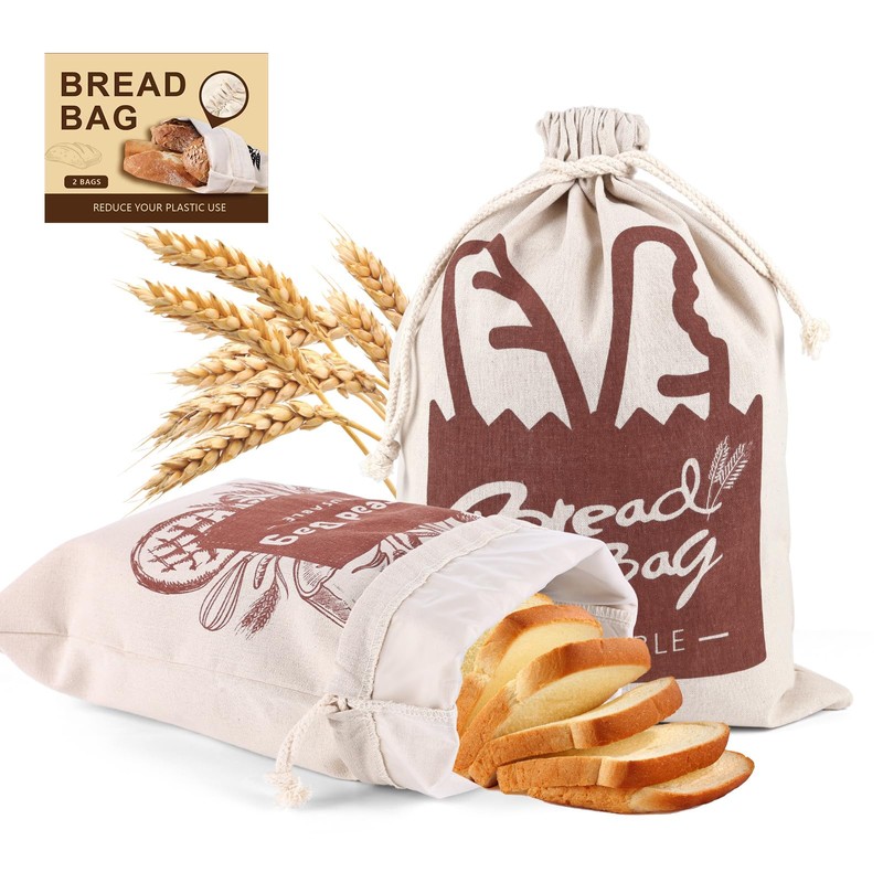 Bread Bags, 2 Pack Bread Bags Reusable Linen with Plastic