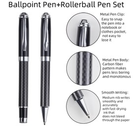 YUNCHUN 2PCS Luxury Carbon Fiber Ballpoint + Rollerball Pens, Medium Point Liquid Black Ink Pens with 2 Extra Refills, Retractable Ball Pen for Writing, Note Taking, Best Pen Gift Set for Men & Women