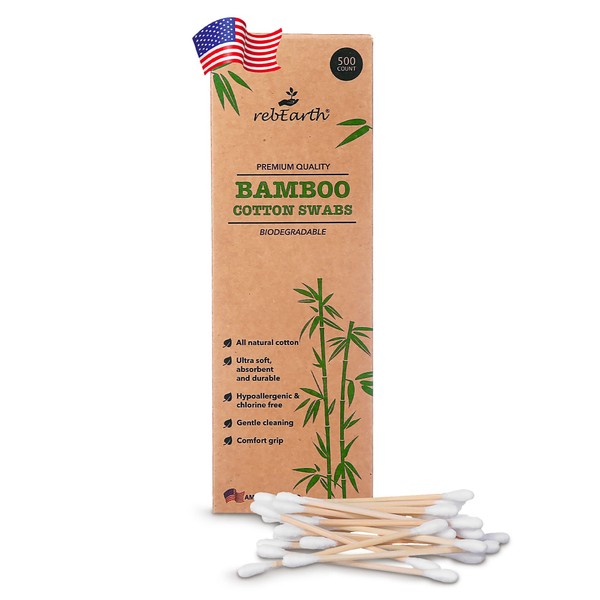 reEarth Bamboo Cotton Swabs Organic - Sustainable Wooden Q-Tips, Sterile and Hypoallergenic, Animal Cruelty-Free - Perfect for Sensitive Skin and those who care about the nature (Large Pack 500)