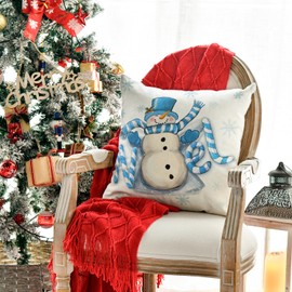 AVOIN colorlife Christmas Snowman Candy Cane Throw Pillow Cover, 18 x 18 Inch Blue Noel Snowflake Seasonal Winter Holiday Cushion Case Decoration for Sofa Couch