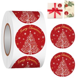 Rollo de Etiquetas Adhesivas de Feliz Navidad, 1.5 pulgadas 500 Piezas Redondas Rojas de Árbol de Navidad Felices Fiestas de Invierno Adhesivos para Tarjetas de Navidad Regalos Favores