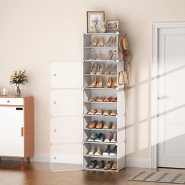 LANTEFUL 10 Tiers Tall Shoe Rack 20 Pair Shoe Organizer Narrow Shoe Rack with Door Portable Shoe Storage Cabinet with Hooks Sturdy Plastic White Shoe Shelf for Entryway and Bedroom