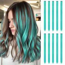 Pack of 10 Clip-in Hair Extensions, 22 Inch Hair Extensions, Real Hair Extensions, Long Straight Hair Extensions for Clips, Hair Accessories for Girls (Turquoise)