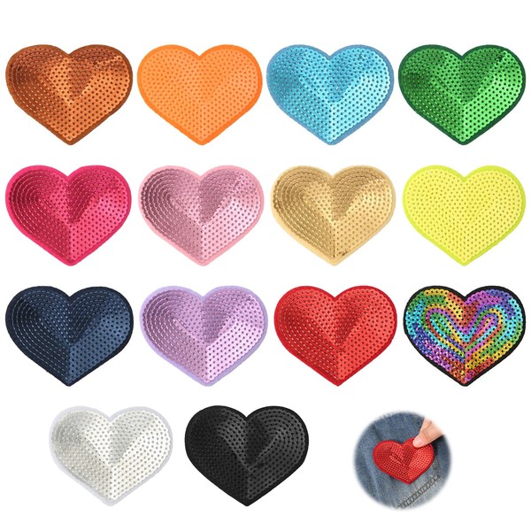 14pcs Sequin Heart Patches, Glitter Heart Shape Patches Embroidery Iron