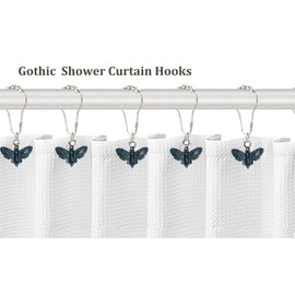 Xinhw Gothic Shower Curtain Hooks, Vintage Skull Moth Gothic Bathroom Decor Metal Butterfly Decorative Shower Curtain Rings