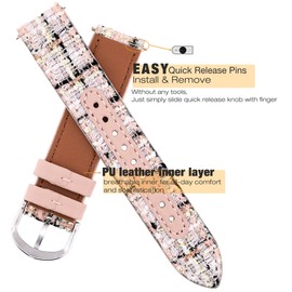 Abanen 18mm Nylon Weave Bling Thread with PU Leather Lining Watch Band for Garmin Vivoactive 4S/ Venu 3S 2S, Adjustable Wrist Strap for Forerunner 265S / Vivomove 3S (Pink-Black)