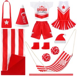 11 Pcs Christmas Elf Accessories Include Cheerleader Elf Doll Sleeping Bag Hammock Apron Chef Hat Dress Scarf Top Shorts Horn Pompoms Bag Snowmen Elf Clothes (Cheerleader Style)