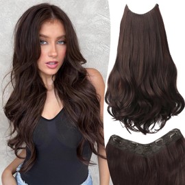 ZGYAIR Invisible Wire Hair Extensions with Transparent Wire Adjustable Size 5 Secure Clips V-Shaped Long Wavy Secret Chocolate Brown Hair Extension 20 Inch for Women