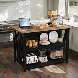 IDEALHOUSE Large Kitchen Island with Storage, Dining Table Set with Power Outlet & LED Lights, 47.2" Coffee Bar Table with 3 Tier Microwave Stand Oven Shelf, for Dining Room Living Room - Black