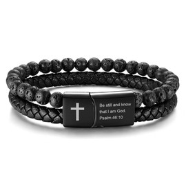 MEALGUET Men's Cross Bracelet for Men : Inspirational Bible Verse Leather Wristband Bracelets Christian Catholic Religious Jewelry Ideas for Man,Be Still and Know,Small