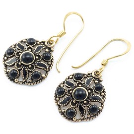 WINDALF Medieval Earrings THÂRÂ 3.3 cm Black Onyx Vintage Elegant Bronze, Fabric, Onyx