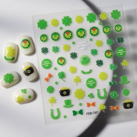 St. Patrick's Day Nail Art Stickers,Green Shamrock 3D Relief Self-Adhesive Nail Decals St. Patrick's Nail Supplies Four Leaf Clover Nail Sticker Lucky of Irish Spring Summer Design Manicure Decor