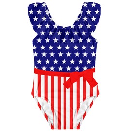 Kimoda Toddler Bathing Suit 2-3T Girls American Flag Swimsuit Ruffle Swimwear with Bow One Piece Summer Beachwear