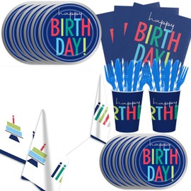 141Pcs Dark Blue Party Supplies for Baby Shower - Dark Blue Birthday Decorations Plates and Napkins Forks Cups Straws Tablecloch for 20 Guests Happy Birthday Party Decorations