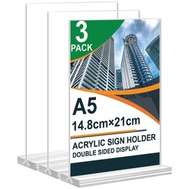 Arrobust A5 Table Stand, Pack of 3 Price Tags Stand, Table Stand, Double-Sided Vertical Acrylic T-Stand for Photo Frame, Home, Office, Menu, Retail, Trade Show (A5-3pack)