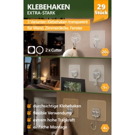 4smile 4smile Klebehaken extra-stark - 29 Stck Mix-Set mit 3 Varianten selbstklebende Haken transparent - Kleiderhaken selbstklebend