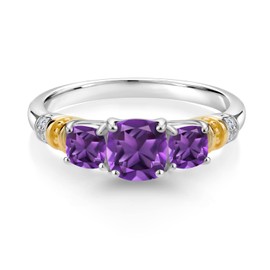 Gem Stone King 925 Silver and 10K Yellow Gold Purple Amethyst and Diamond 3-Stone Ring For Women (1.57 Cttw, Gemstone February Birthstone, Cushion 6MM and 4MM, Size 5)