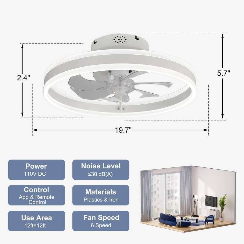Oaks Aura 20 Inch Low Profile Ceiling Fans with Lights,Flush