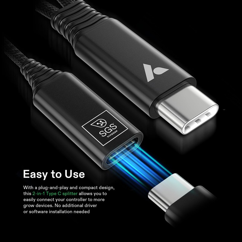VIVOSUN USB-C Splitter with 1 Male to 2 Female, 2-in-1