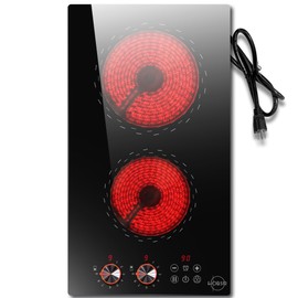 Plug-in 2 Burner Electric Cooktop, 120v Knob Electric Stove Top, 12 Inch Built-in Radiant Electric Stove 110v, Electric Ceramic Cooktop with Child Safety Lock, Timer, Over-Temperature Protection