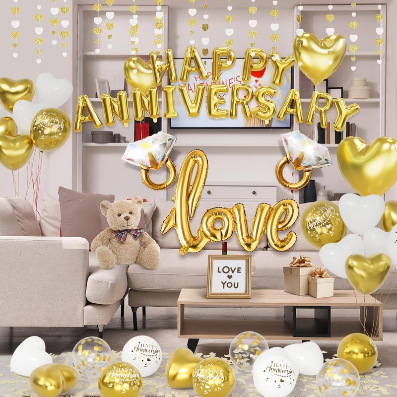 Gold and White Anniversary Decorations Valentines Day Balloons Kit with