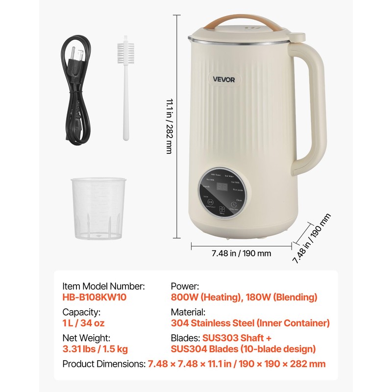 VEVOR 8-in-1 Nut Milk Maker, 34 oz Soy Milk Maker