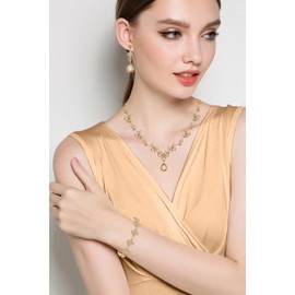 Paxuan Bridal Wedding Elegant Floral Jewelry Set for Women/Brides/Bridesmaids Crystal Jewelry Set for Wedding Prom Party Bridal Crystal Necklace Earrings Bracelet Set (Champagne (Gold))