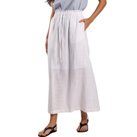 EELOTILE Womens Pure Linen Maxi Skirt Elastic Drawstring Back Slit Casual Long Skirt White