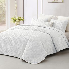 Exclusivo Mezcla Quilts King Size Bedding Set with Stitched Grid Pattern, Lightweight White Bedspreads Coverlets Bed Cover for All Seasons (1 Quilt and 2 Pillow Shams)
